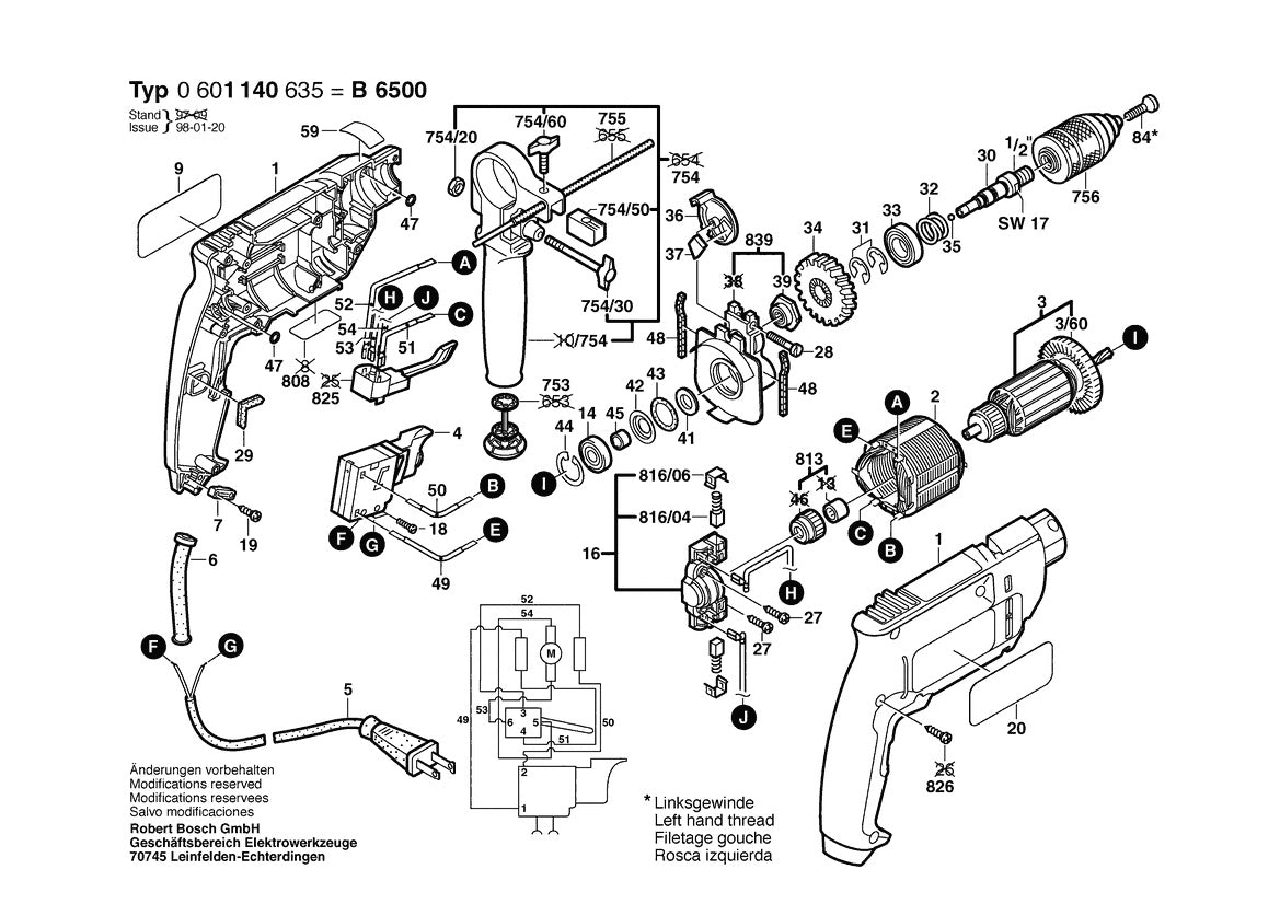 B6500 (0601140635) Bosch 3 Bosch Hammer Drill Parts Diagram