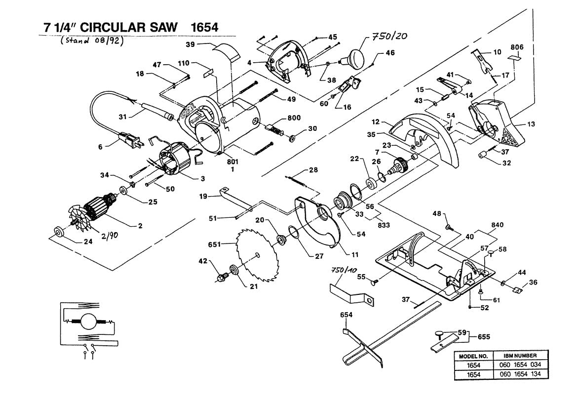 1654 (0601654034) Bosch 7-1/4" Bosch Circular Saw Parts Diagram