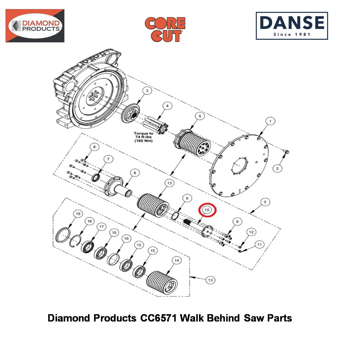 Splined Drive Shaft (15T) For CC6571 Pto 6019064 Fits Core Cut CC6571 Walk Behind Saw By Diamond Products