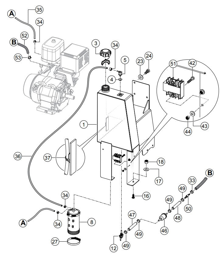 Fuel Tank Assembly Parts- PRO12/PRO12E51, PRO12E53/PRO12E53-460V HONDA GX390RT2-QNB2 GASOLINE ENGINE/ TECO WESTINGHOUSE 5HP ELECTRIC MOTOR