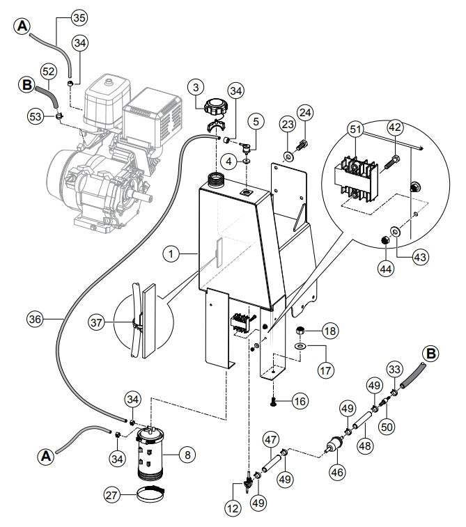 Fuel Tank Assembly Parts- PRO12C/PRO12E51C, PRO12E53C/PRO12E53-460VC HONDA GX390RT2-QNB2 GASOLINE ENGINE/ TECO WESTINGHOUSE 5HP ELECTRIC MOTOR