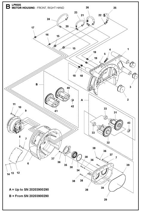 Motor Housing- Front, Right Hand Assembly Parts For LP 9505 Trench Roller By Husqvarna