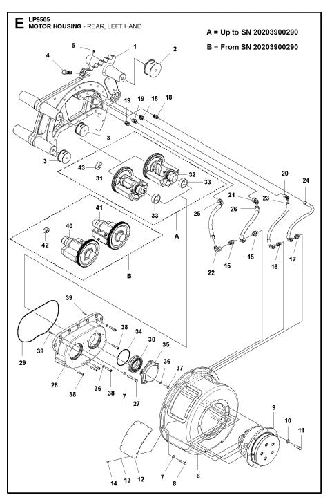 Motor Housing- Rear, Left Hand Assembly Parts For LP 9505 Trench Roller By Husqvarna