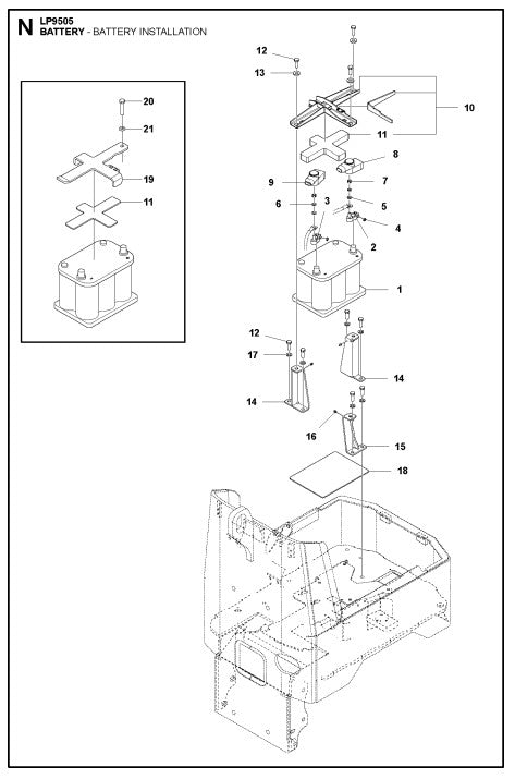 Battery - Battery Installation Assembly Parts For LP 9505 Trench Roller By Husqvarna