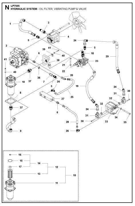 Hydraulic System- Oil Filter, Vibrating Pump And Valve Assembly Parts For LP7505 Walk Behind Roller By Husqvarna