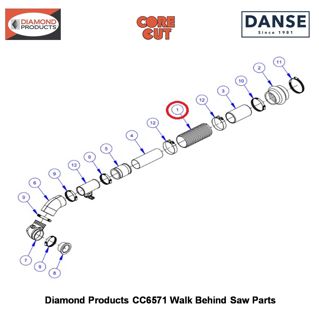Air Cleaner Hose 3"IDX9" Flexible Black & Grey 6019248 Fits Core Cut CC6571 Walk Behind Saw By Diamond Products