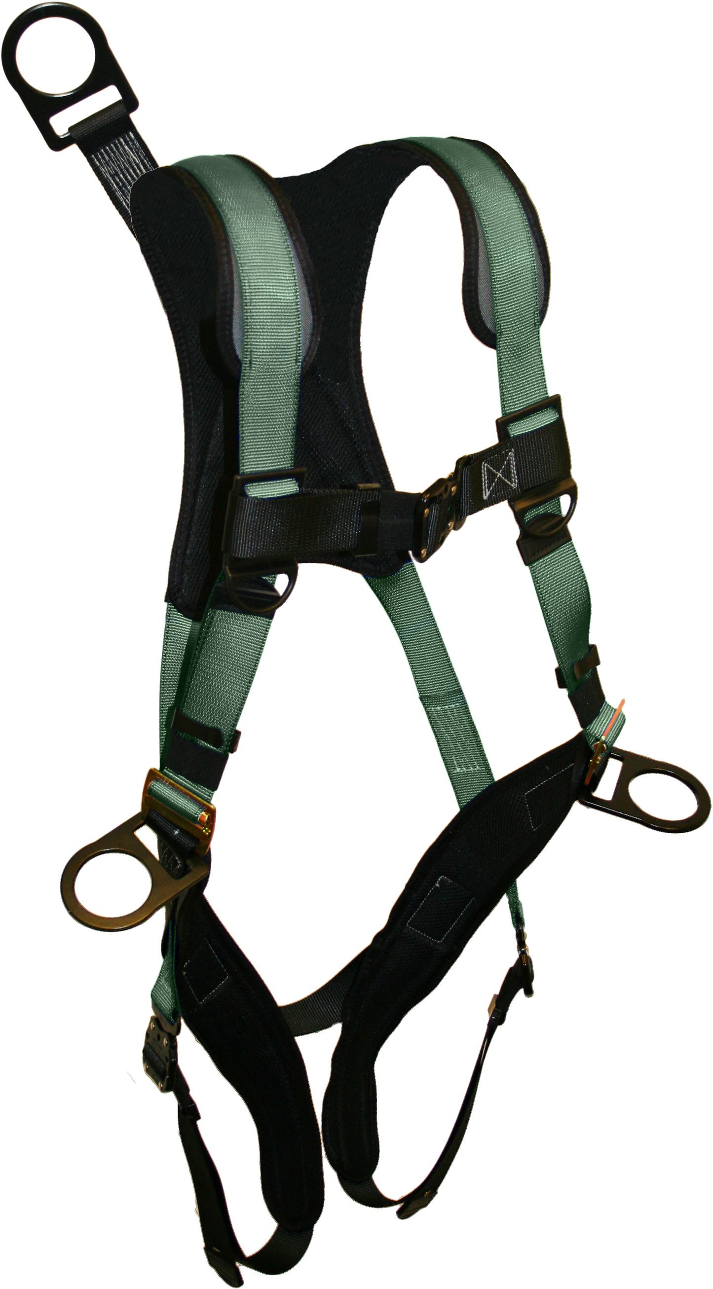 226709B Full body harness, comfort back/shoulder pad, leg pads, single dorsal d-ring, hip d-rings, 12" dee ring extension, bayonet buckle legs by FrenchCreek Production Green