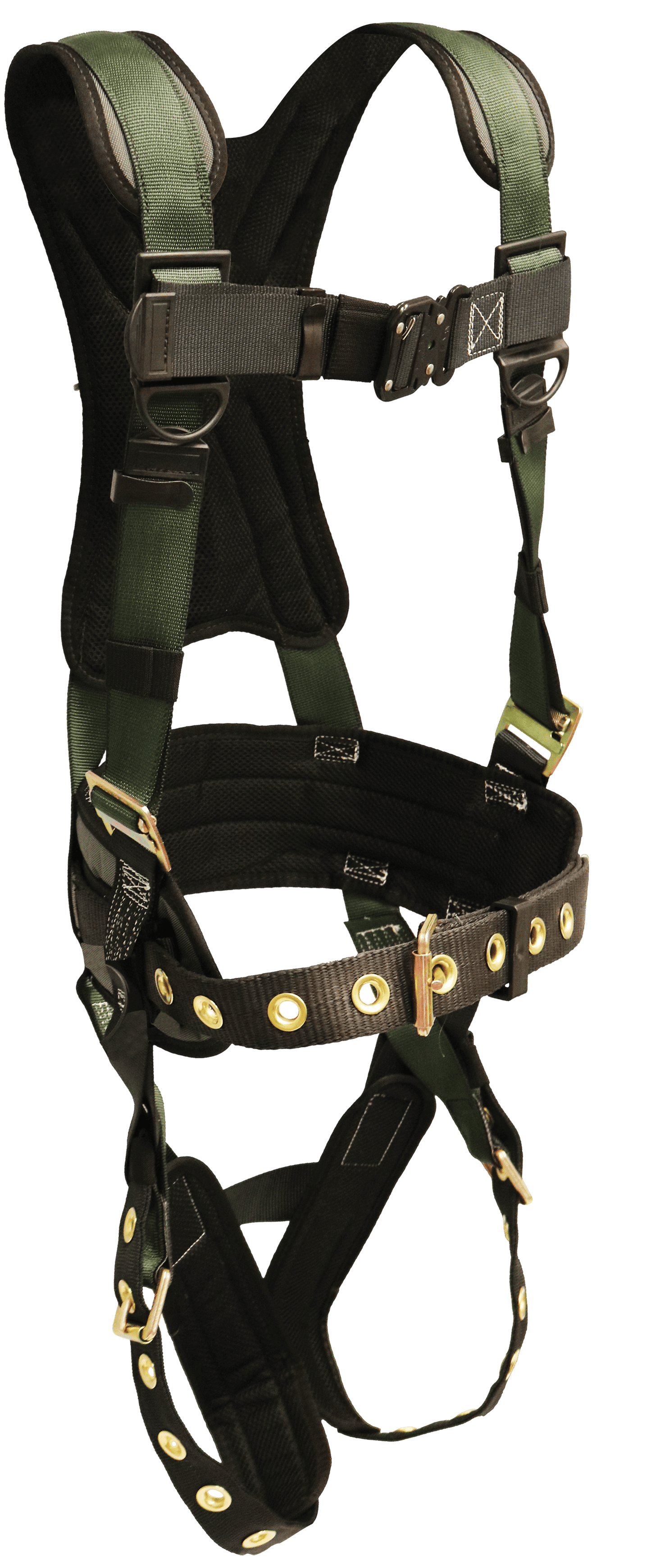 22850 Full Body Harness, single back dorsal d-ring, waist pad w/removable tool belt, shoulder/back pad, leg pads, tongue buckle legs by FrenchCreek Production Green