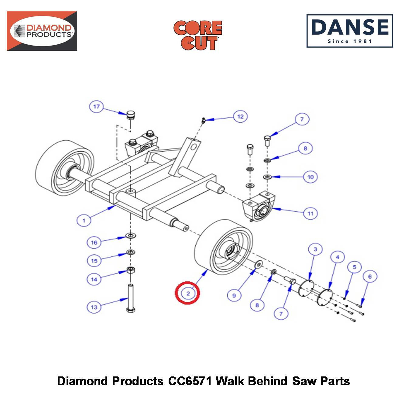 Wheel Assembly 8" Front For CC3700 To CC7200 Saws 6010581 Fits Core Cut CC6571 Walk Behind Saw By Diamond Products