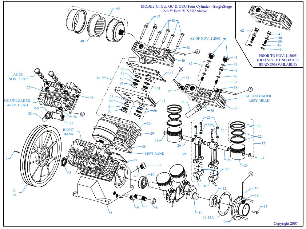 G3A-15P-DCS Model G, GU, GC & GCU Four Cylinder - Single Stage 2-1/2" Bore X 2-3/8" Stroke Assembly Parts By Jenny