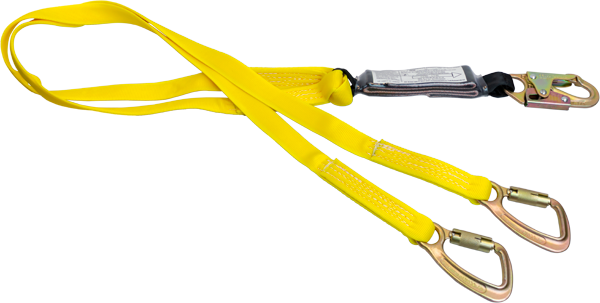 446AW 6' Dual leg tie-back shock absorbing lanyard with inner wear indicating core. Yellow by FrenchCreek Production