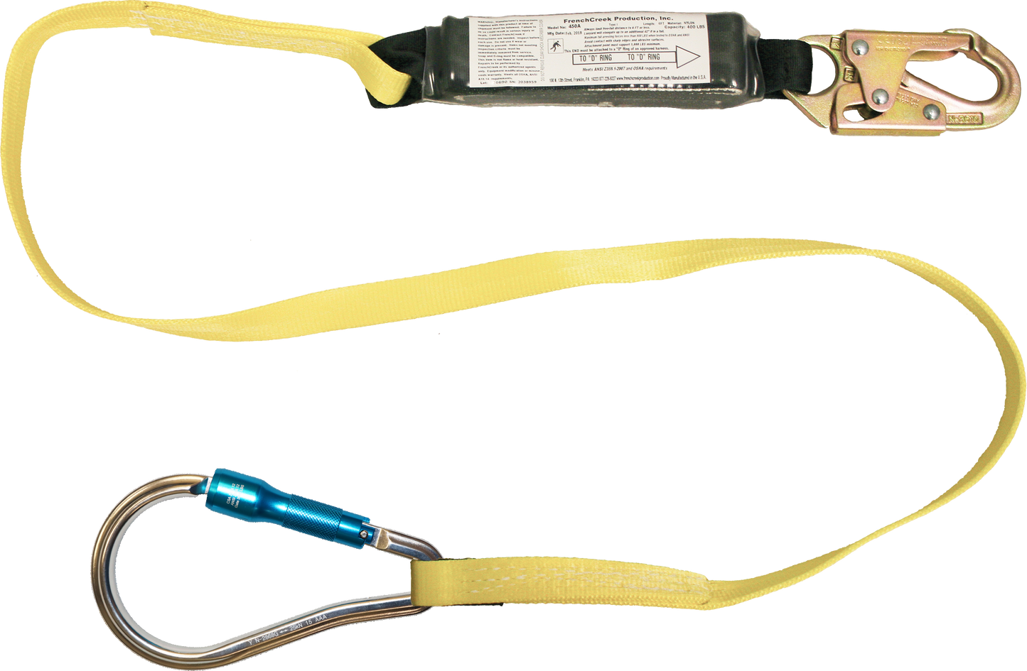 450A-62A 6' Shock Absorbing webbing lanyard Yellow by FrenchCreek Production