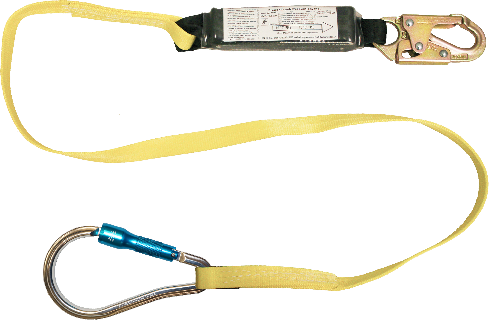 450A-62A 6' Shock Absorbing webbing lanyard Yellow by FrenchCreek Production