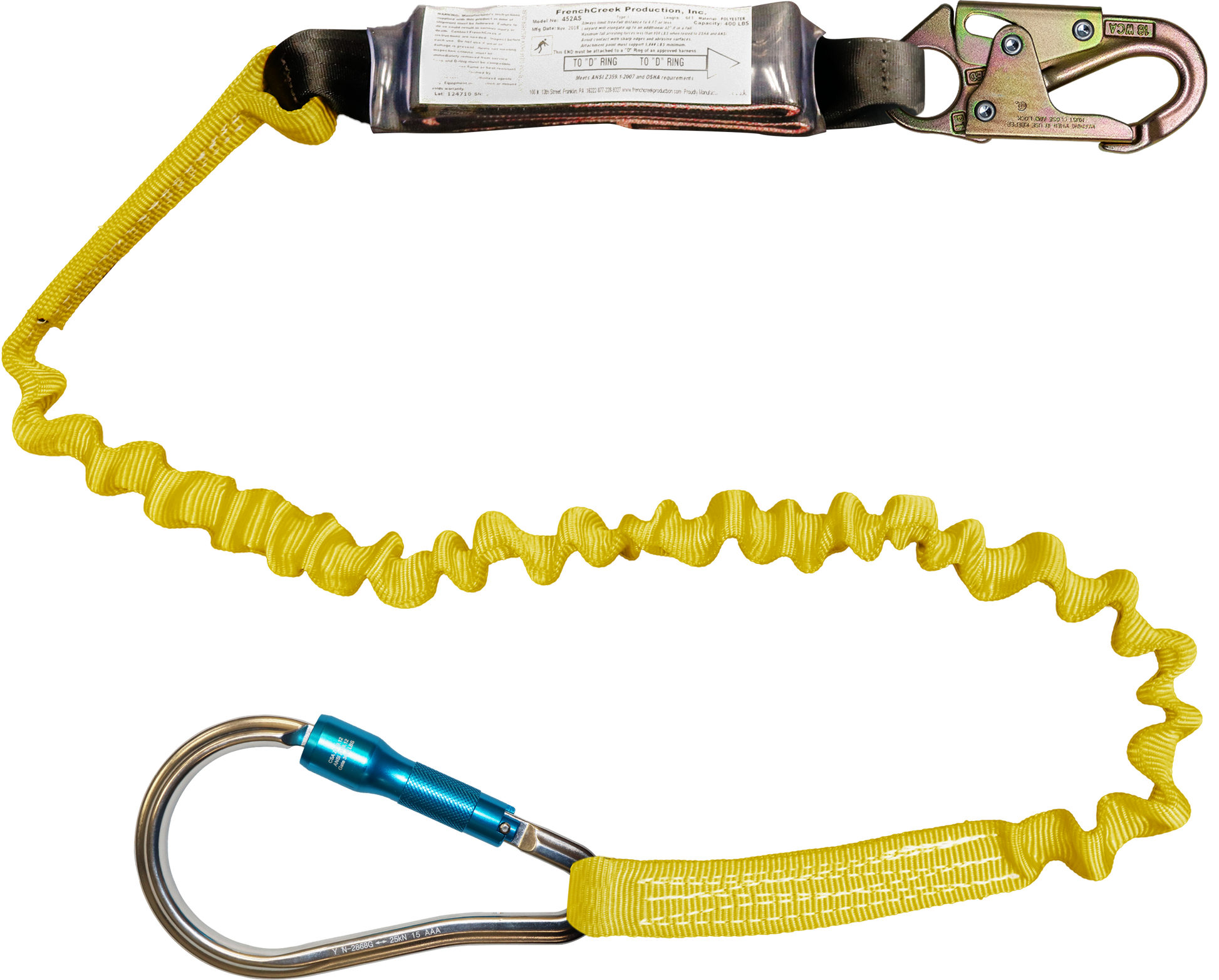 450AS-62A 6' Shock Absorbing webbing lanyard Yellow by FrenchCreek Production