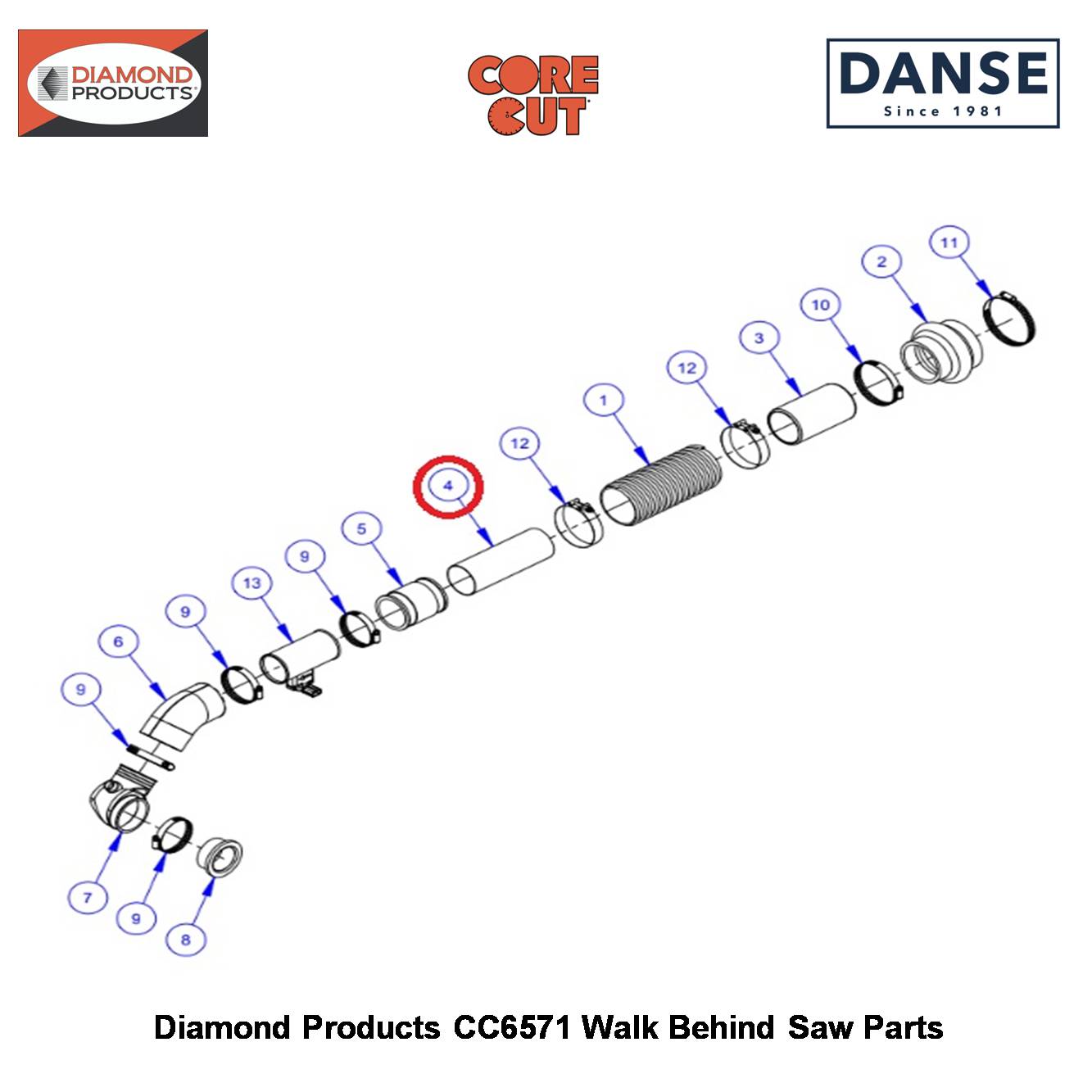 Air Intake Tube 2-1/2"OD X 7" Long 6019249 Fits Core Cut CC6571 Walk Behind Saw By Diamond Products