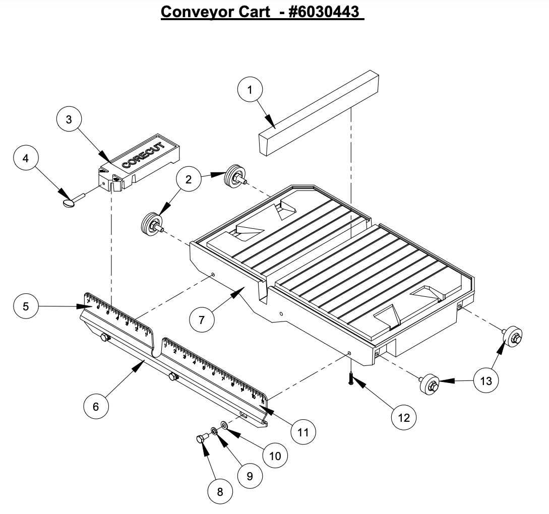6030443 Complete Conveyor Cart Assembly with Rip Guide fits Core Cut CC500MXLII Table Saw