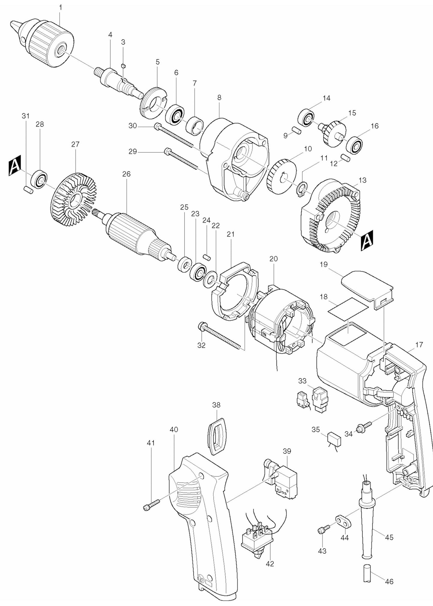 6402 Drill Assembly parts By Makita