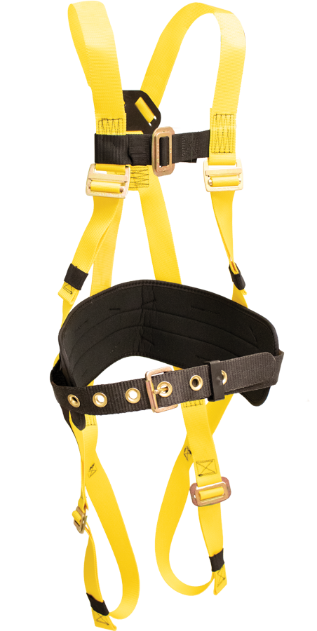 830 Full Body Harness, single back dorsal d-ring, Pass-thru buckle legs, waist pad w/removable tool belt by FrenchCreek Production Yellow