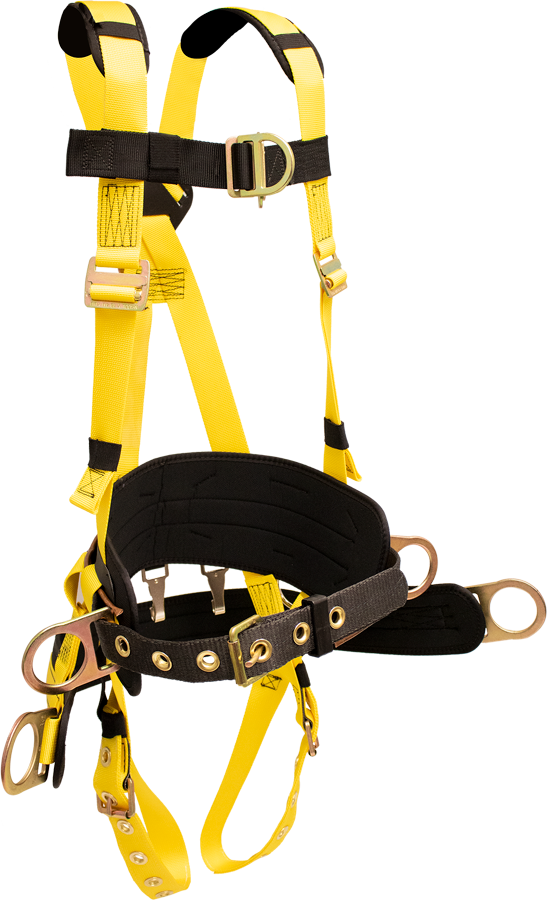 850ABTH Full Body Harness, back dorsal d-ring, hip positioning d-rings, chest d-ring, waist pad w/removable tool belt, removable suspension saddle with d-rings, shoulder pads, tongue buckle legs by FrenchCreek Production Yellow