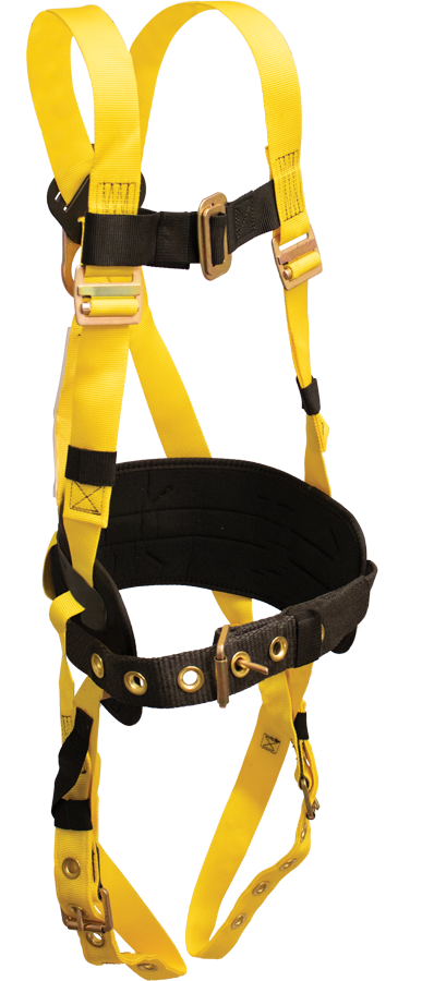 850 Full Body Harness, single back dorsal d-ring, waist pad, w/removable tool belt, tongue buckle legs by FrenchCreek Production Yellow