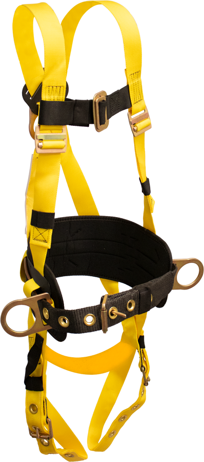 853B Full Body Harness, single back dorsal d-ring, hip positioning d-rings, waist pad w/removable tool belt, sub-pelvic strap, tongue buckle legs by FrenchCreek Production Yellow