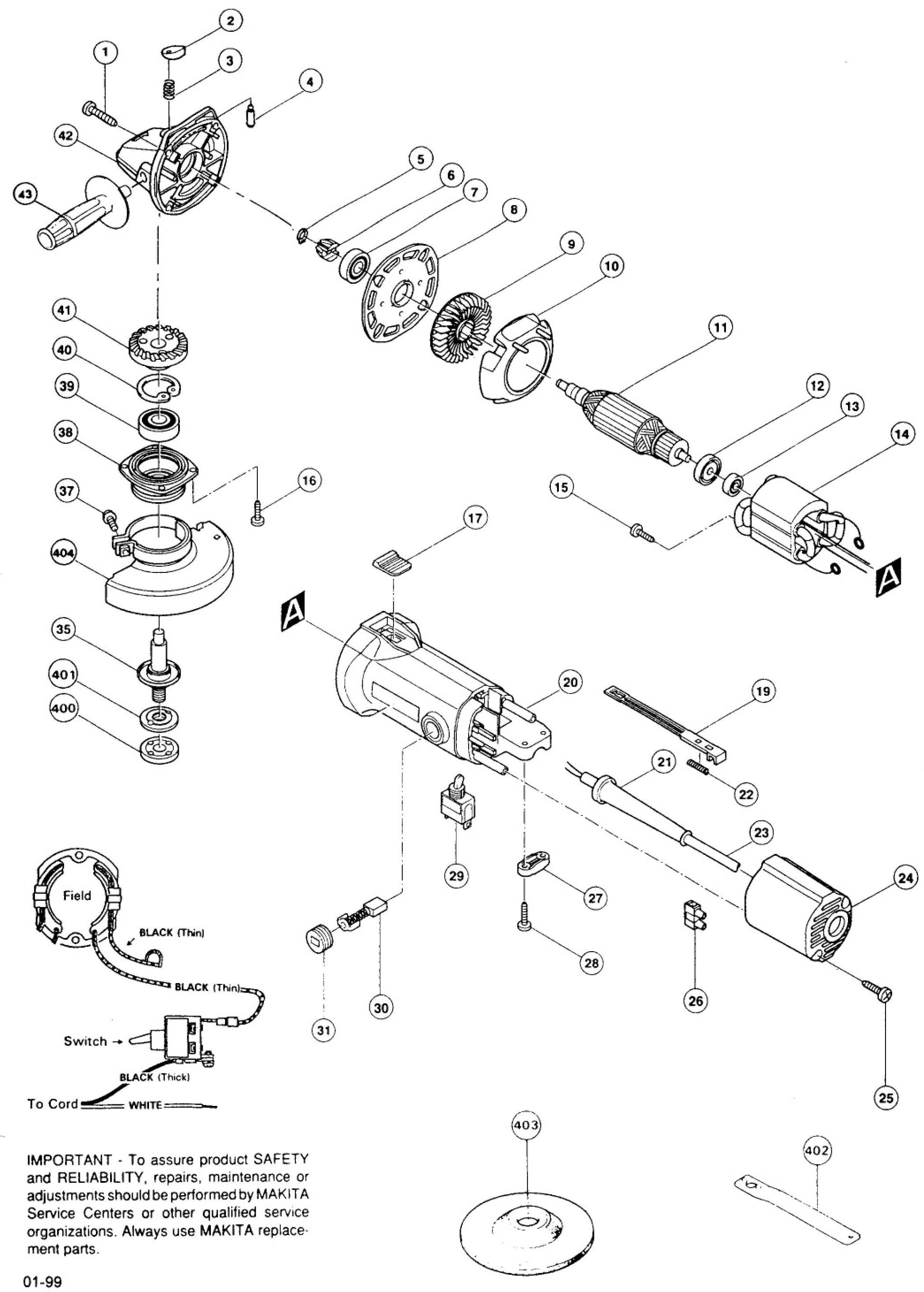 9523NBH, 9523NBHK Angle Grinder Assembly Parts By Makita