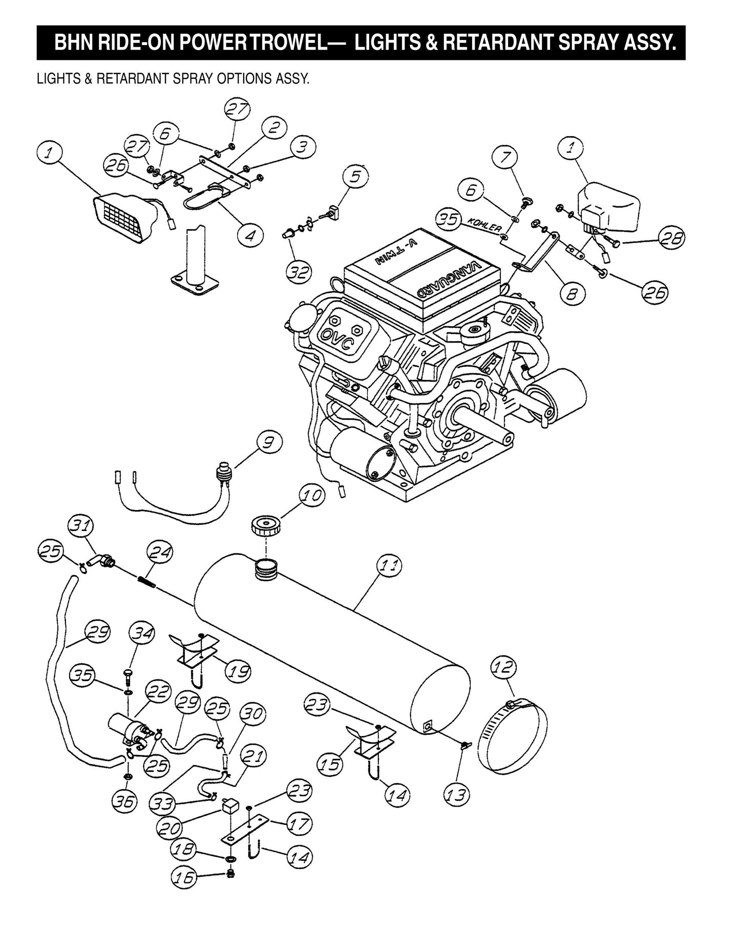 BHN Ride-on Power Trowel-Lights and Retardant Spray Assembly