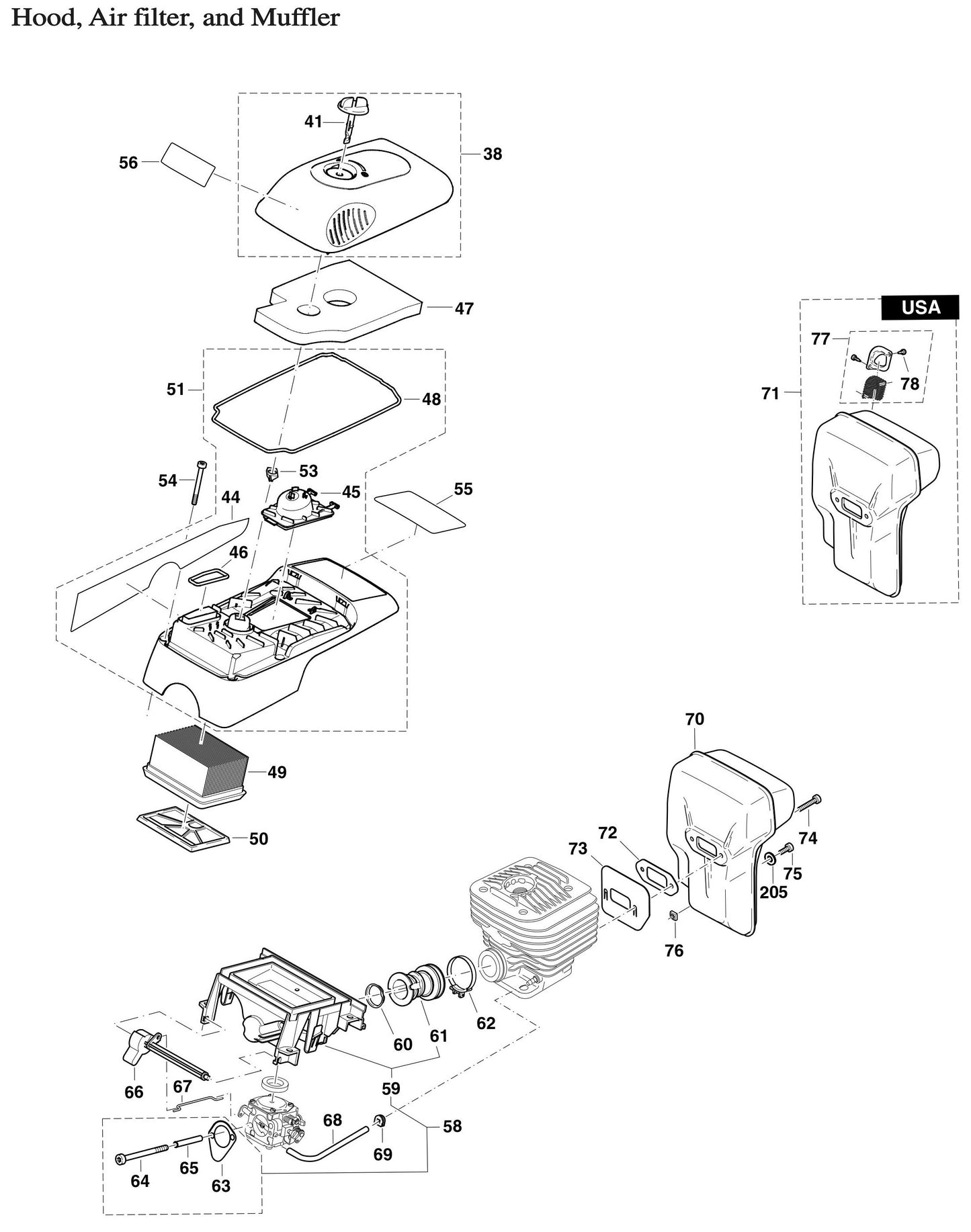 DPC6410, DPC6411 Hood, Air Filter and Muffler Assembly Parts