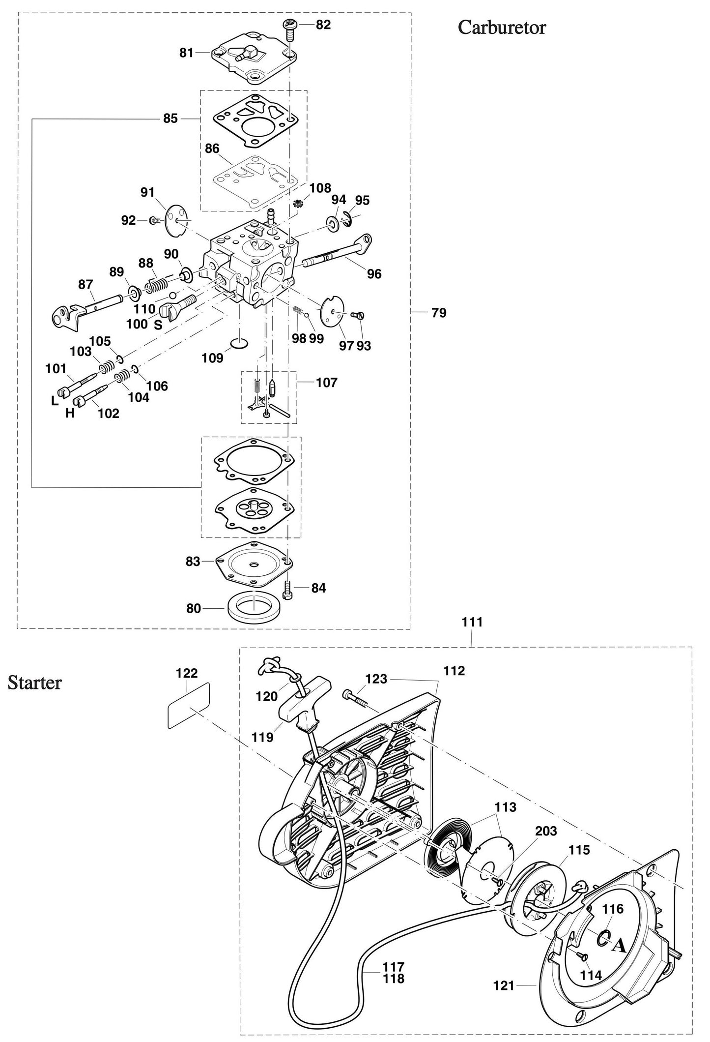 DPC6410, DPC6411 Carburetor And Starter Assembly Parts
