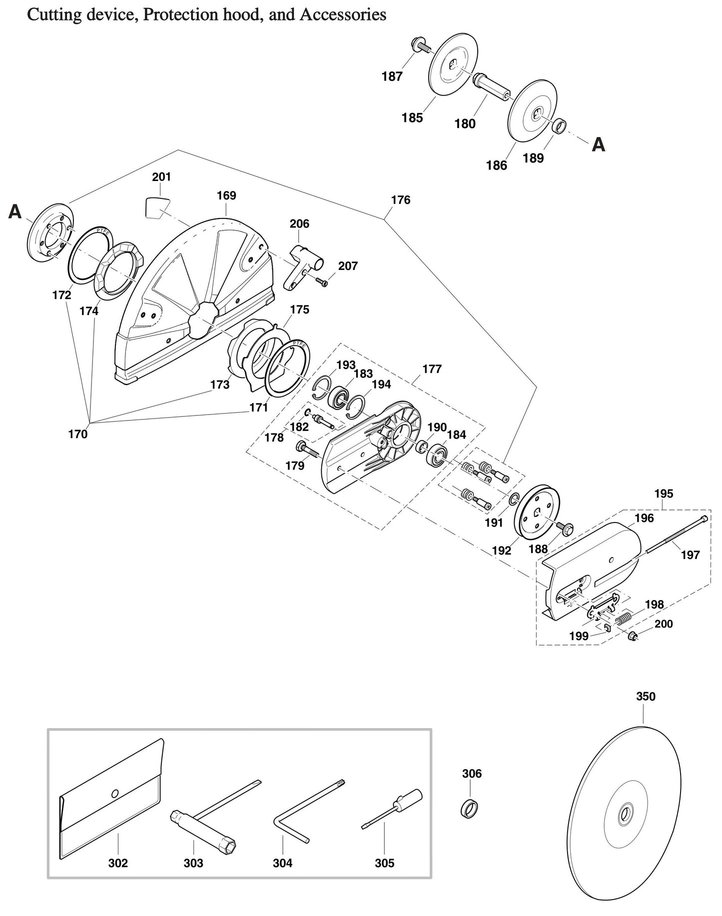 DPC6410, DPC6411 Cutting device, Protection hood, and Accessories Assembly Parts