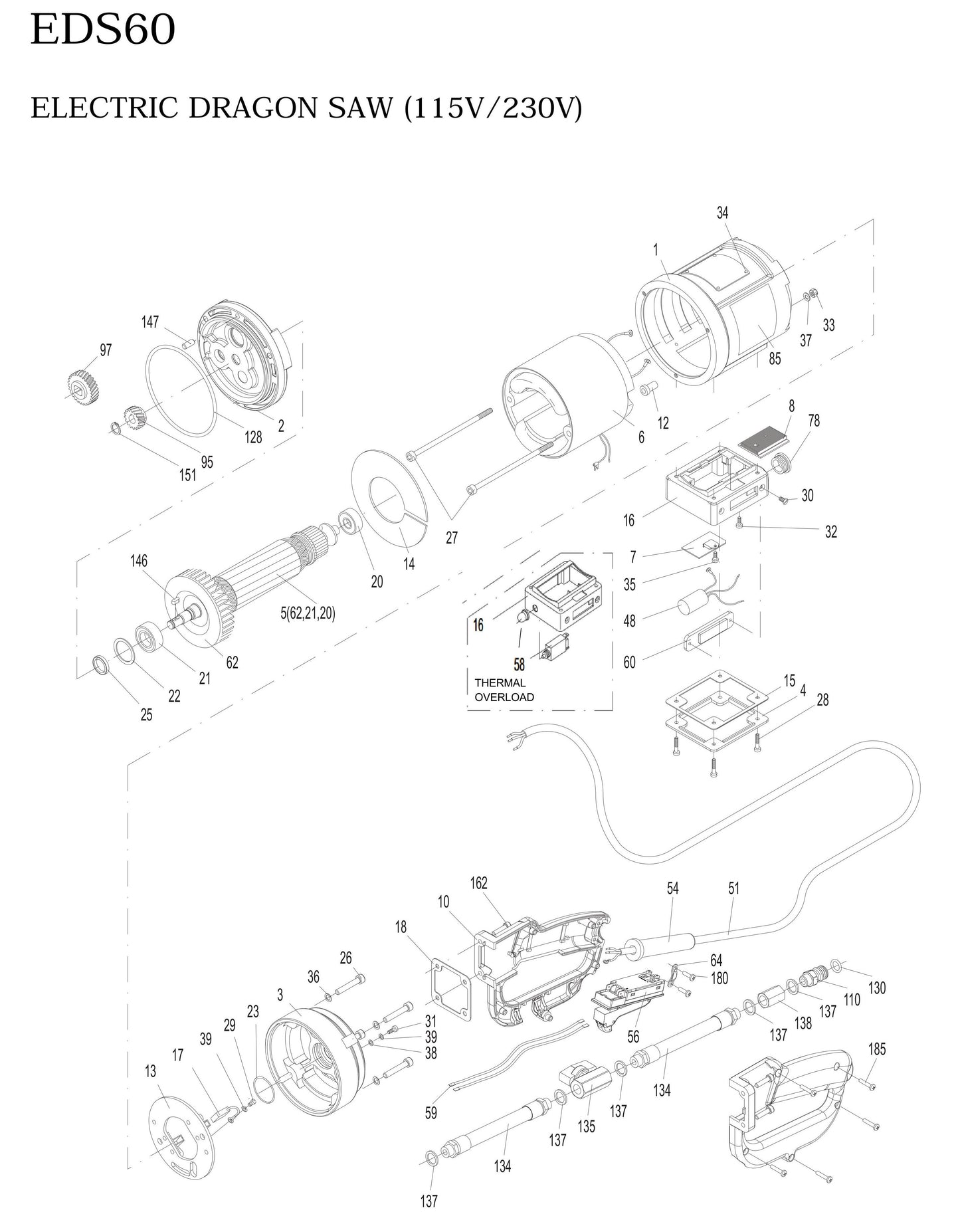 HDS60/GDS60 EDS60 Electric Dragon Saw (115V/230V) Assembly Parts