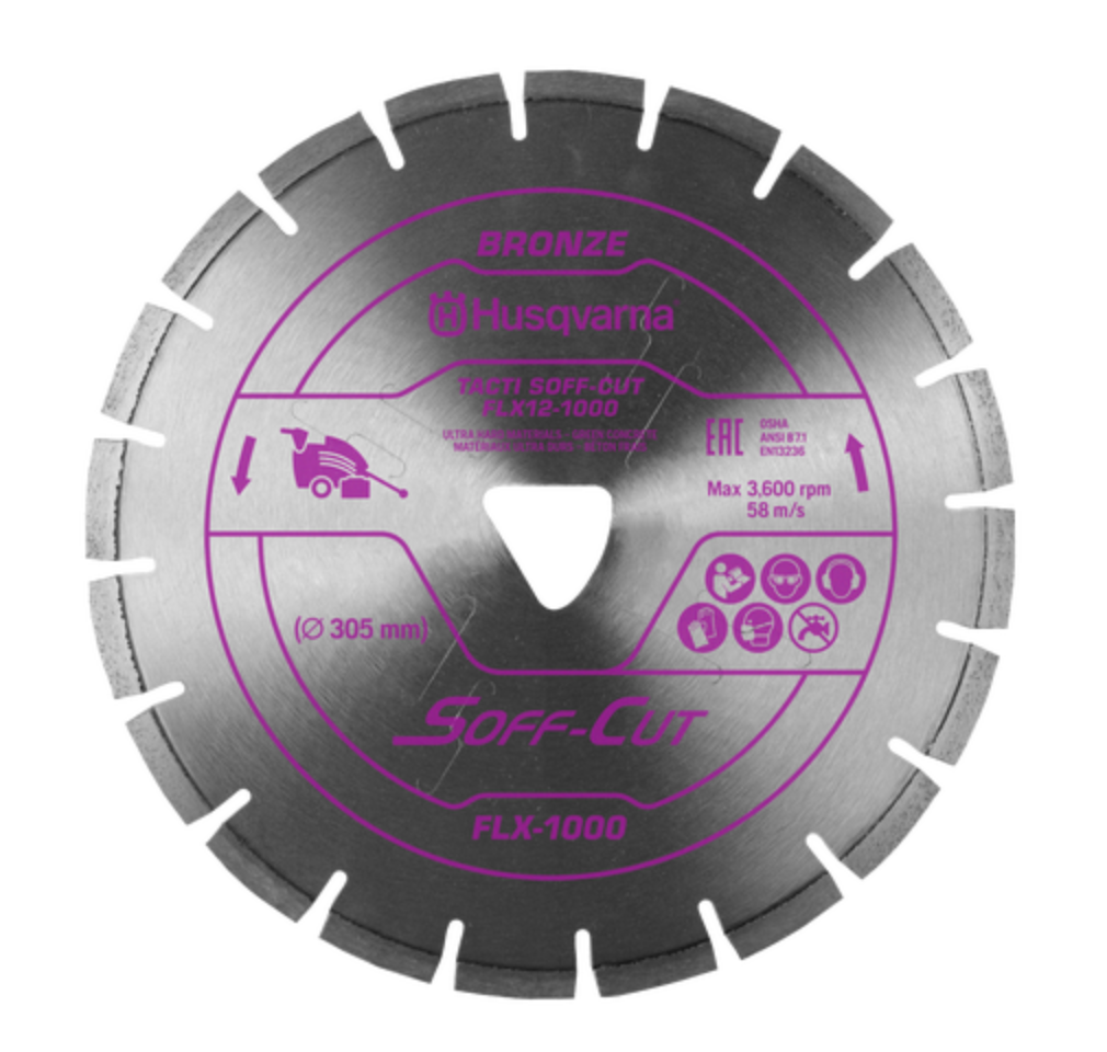Husqvarna TACTI SOFF-CUT FLX-1000 purple diamond blade with skid plate for ultra-hard aggregate green concrete