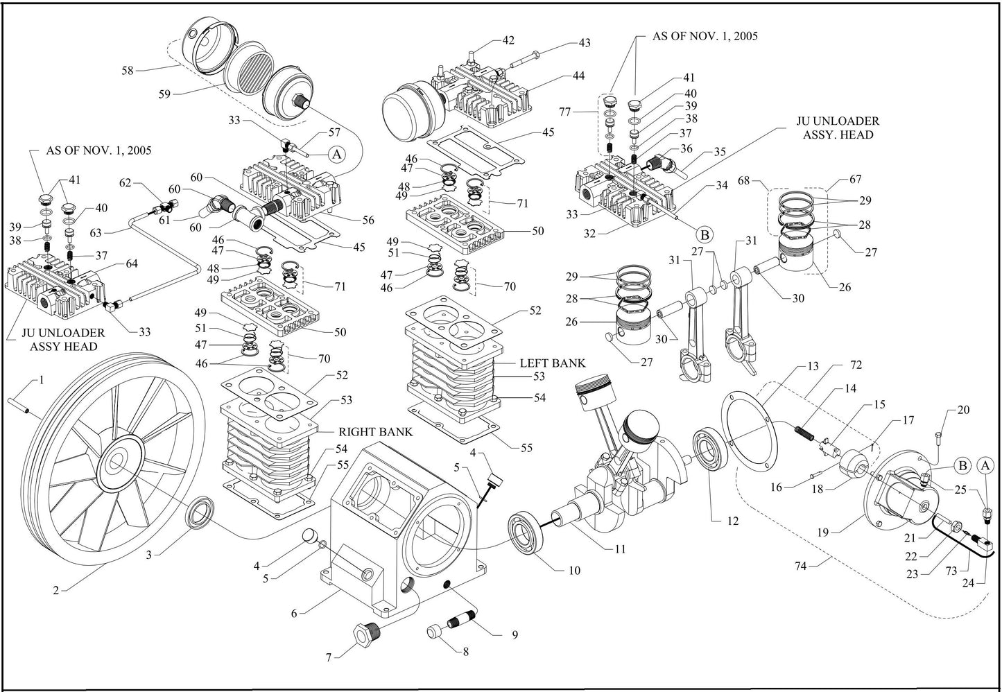 J5A-B Four Cylinder Single Stage 2-1/2 Bore X 3-1/4 Stroke Assembly Parts