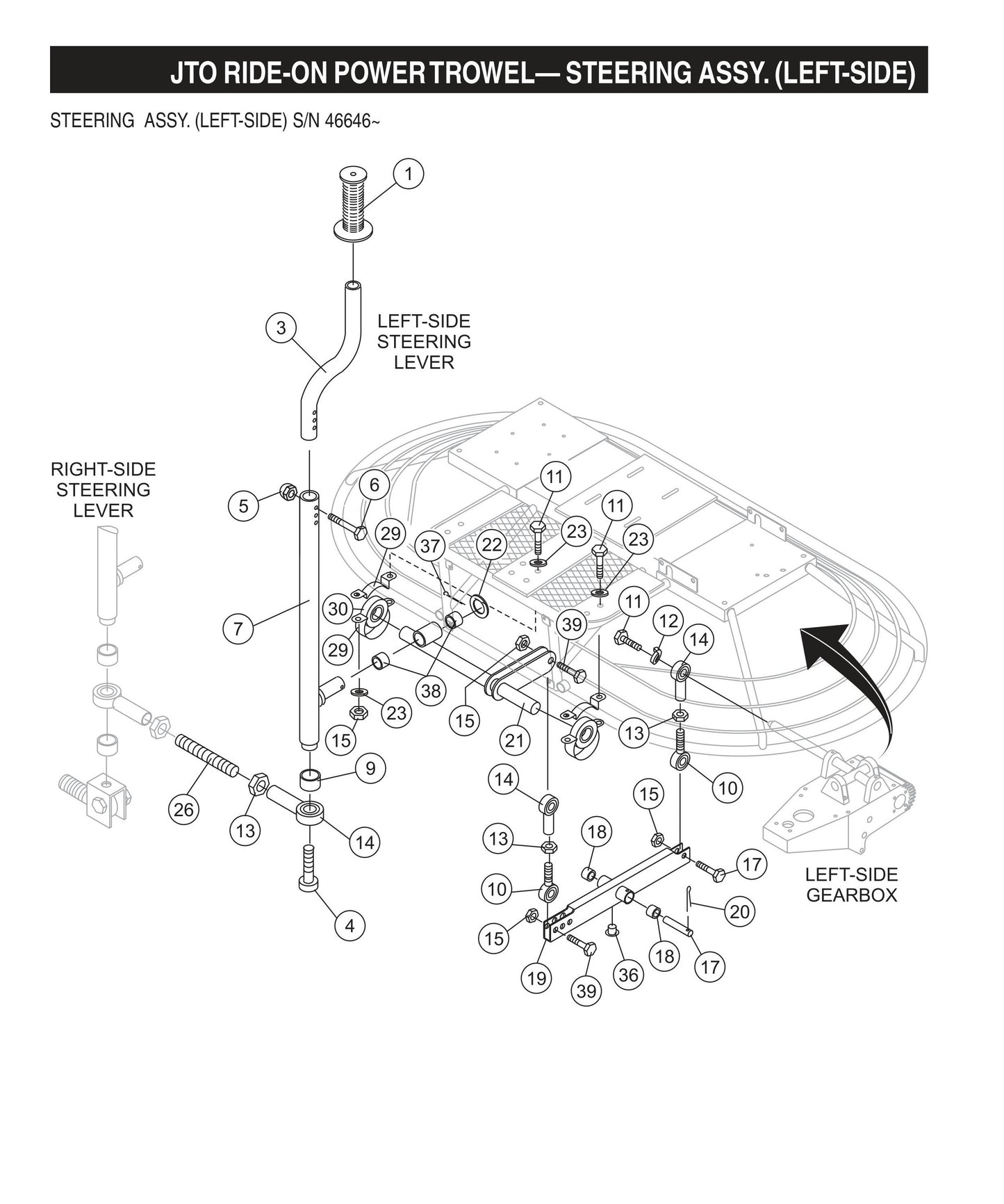 JTO Ride-On Power Trowel-Steering Assembly (Left-Side) S/N 46646
