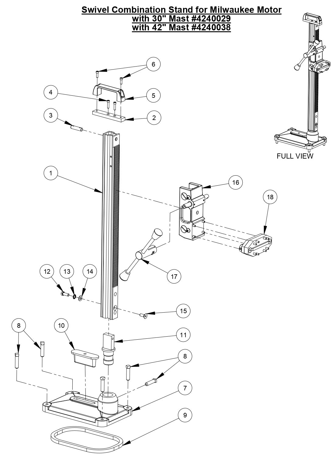 M-4 Swivel Combination Stand for Milwaukee Motor with 30" & 42" Mast