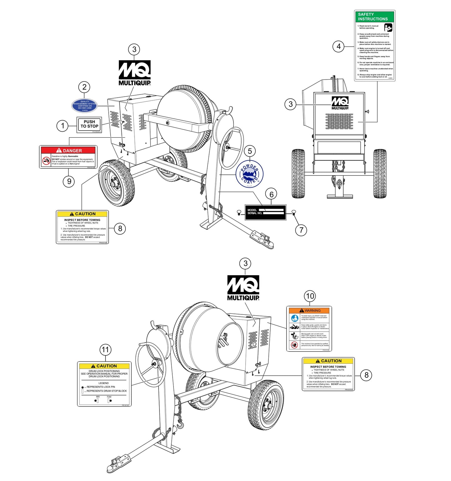 Nameplate And Decals Assembly Parts- MC94SH, MC94PH, MC94SE, MC94PE Concrete Mixer Honda GX240 Series Gasoline Engine and 1.5 HP Electric Motor