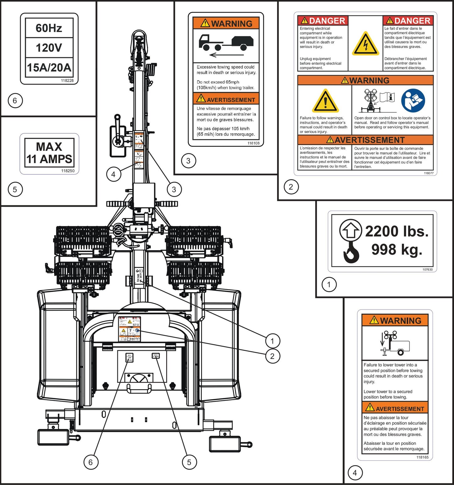 GR Series Night-Lite Chain - Top View English and French Decals Assembly Parts By Allmand