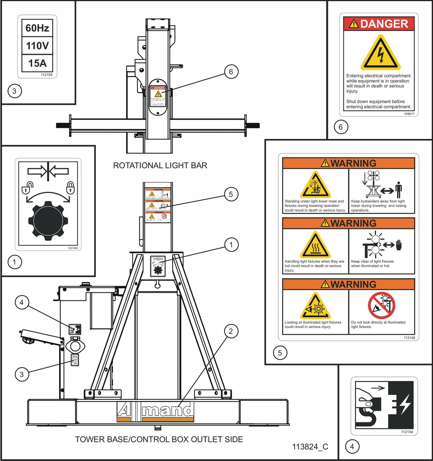 Night-Lite E-Series Manual Winch Outlet Side and Rotational Light Bar English Decals Assembly Parts By Allmand