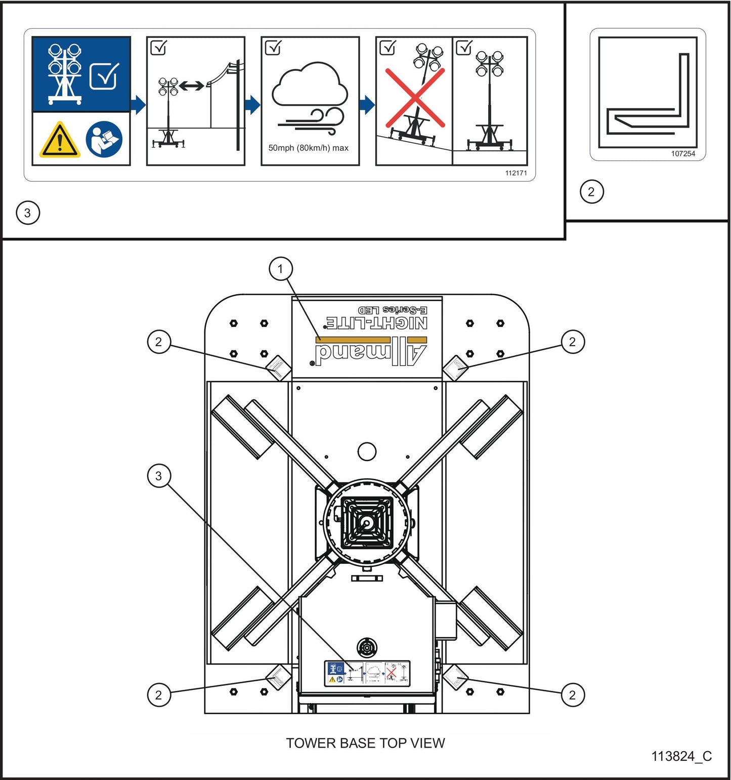 Night-Lite E-Series Manual Winch Top View English Decals Assembly Parts By Allmand