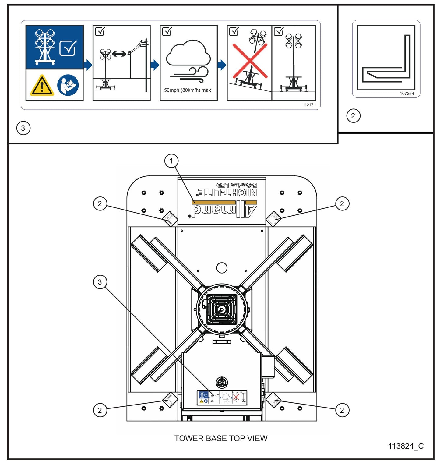 Night-Lite E-Series Electric Winch Top View English Decals Assembly Parts for Portable Lights Parts by Allmand