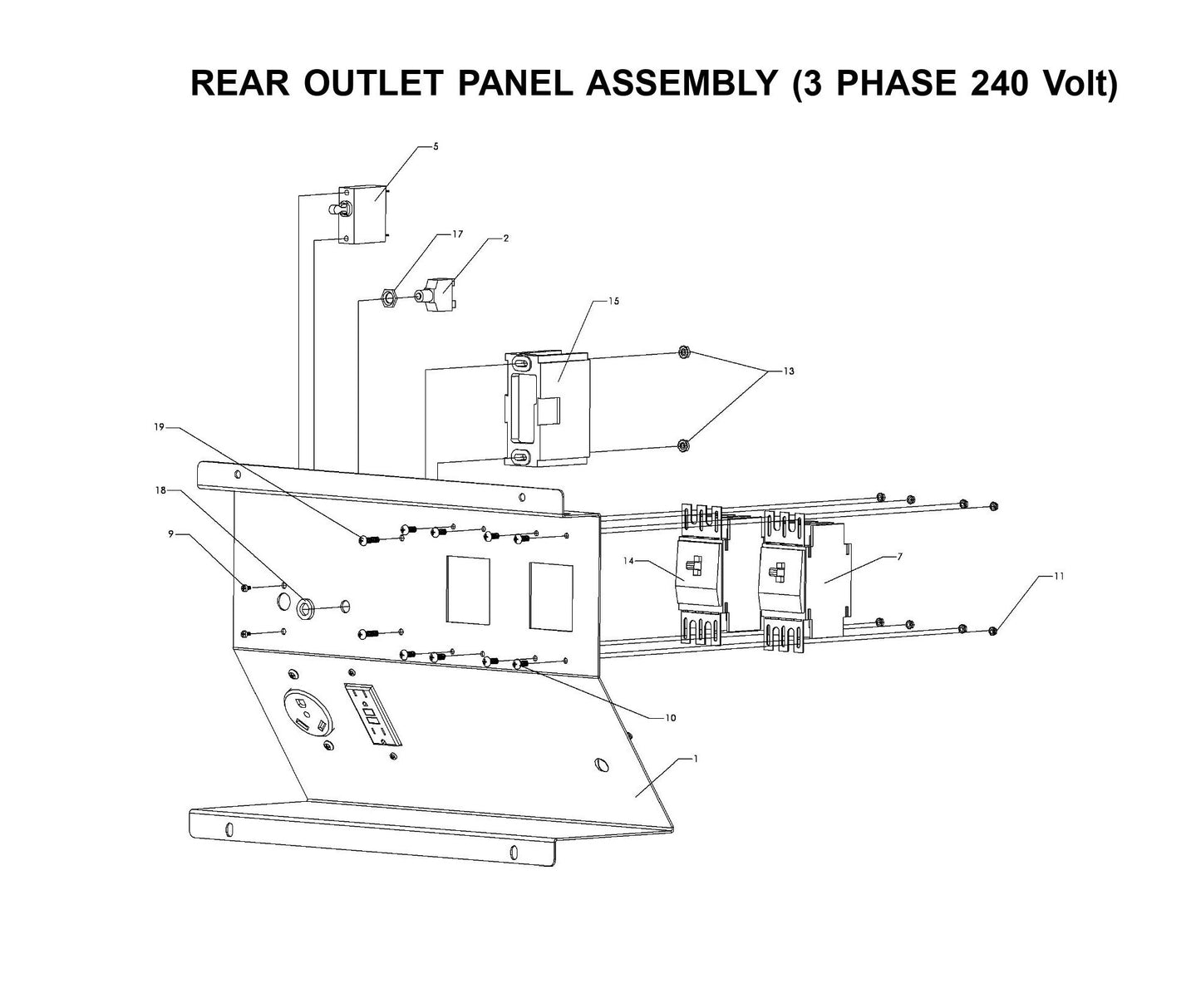 Maxi-Lite Laydown 15-20KW-Rear Outlet Panel Assembly (3 Phase 240 Volt) Fig 1 Parts By Allmand