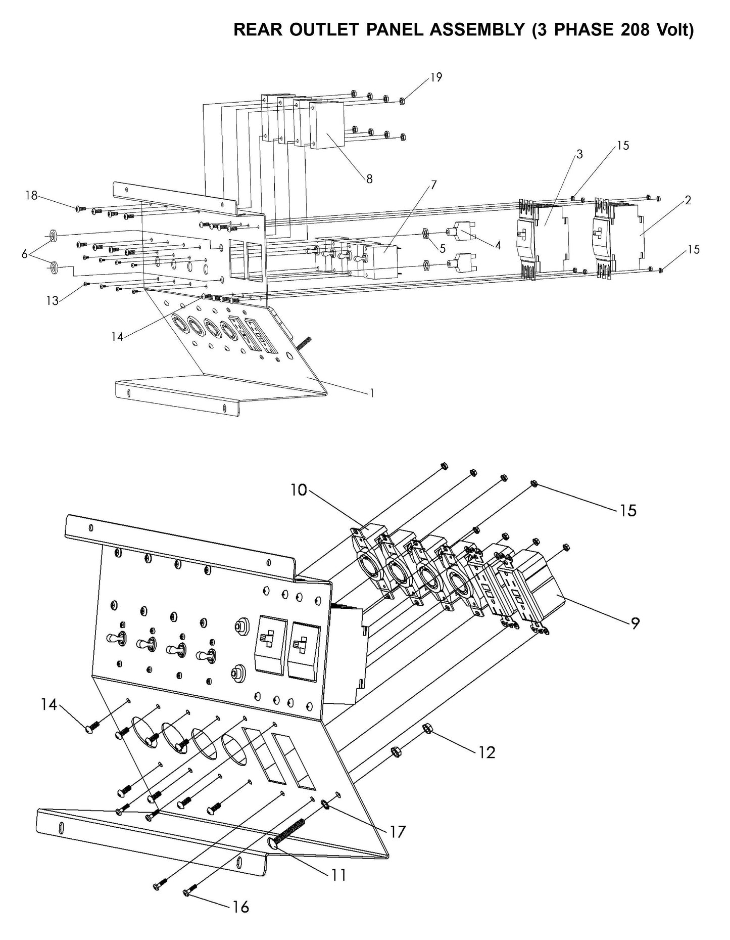 Maxi-Lite 15330 and 20330-Rear Outlet Panel Assembly (3 Phase 208 Volt) Parts By Allmand