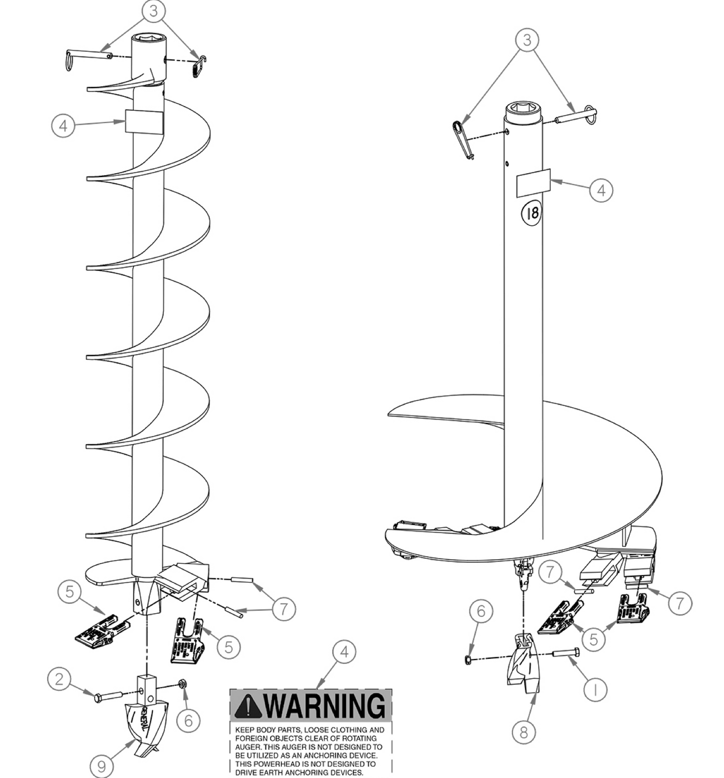 Replacement Parts Diagram 4400 & 4450 Series Augers (6 Thru 18 Inch Diameter) 1-3/8 Inch Hexagon Drive Connection Assembly Parts By General Equipment