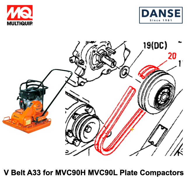 V Belt A33 for MVC90H MVC90L Plate Compactors by Multiquip Mikasa 070100340