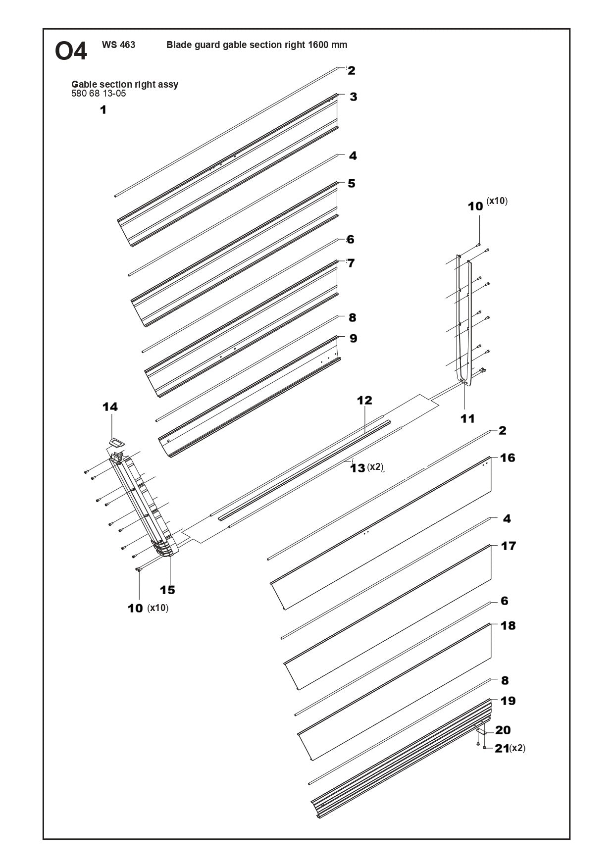 Blade Guard Gable Section right 1600mm Parts For WS 463 By Husqvarna