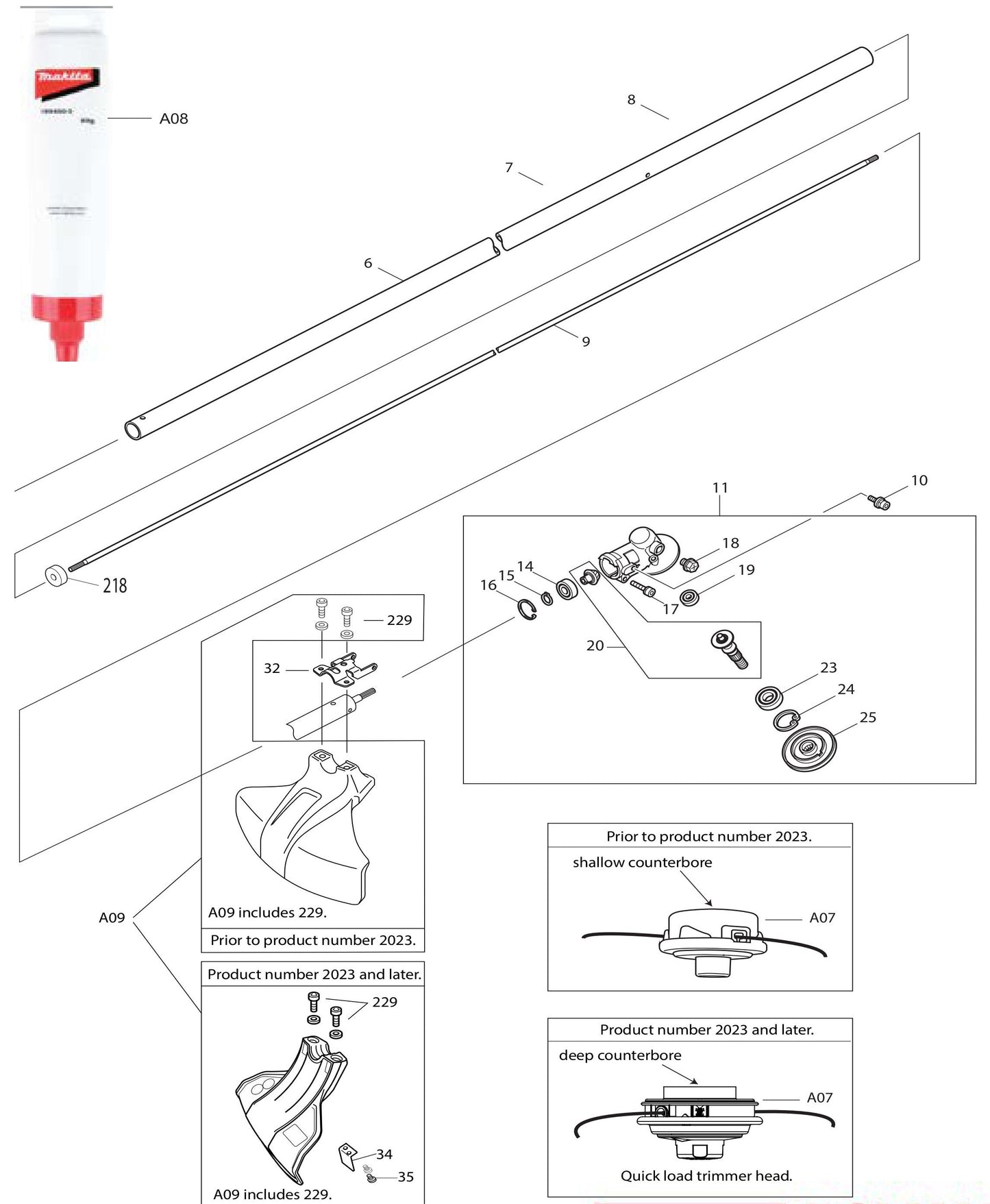 EM2650LH, EM2652LHN Shaft, Gear Case, Trimmer Head Assembly Parts