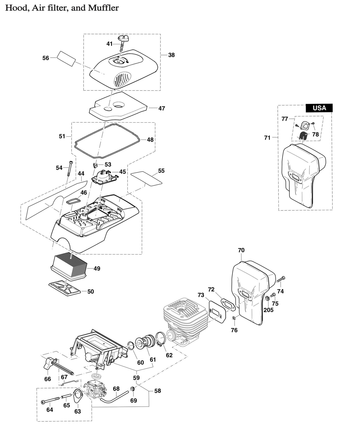 DPC7310, DPC7311 Hood, Air Filter, and Muffler Assembly Parts