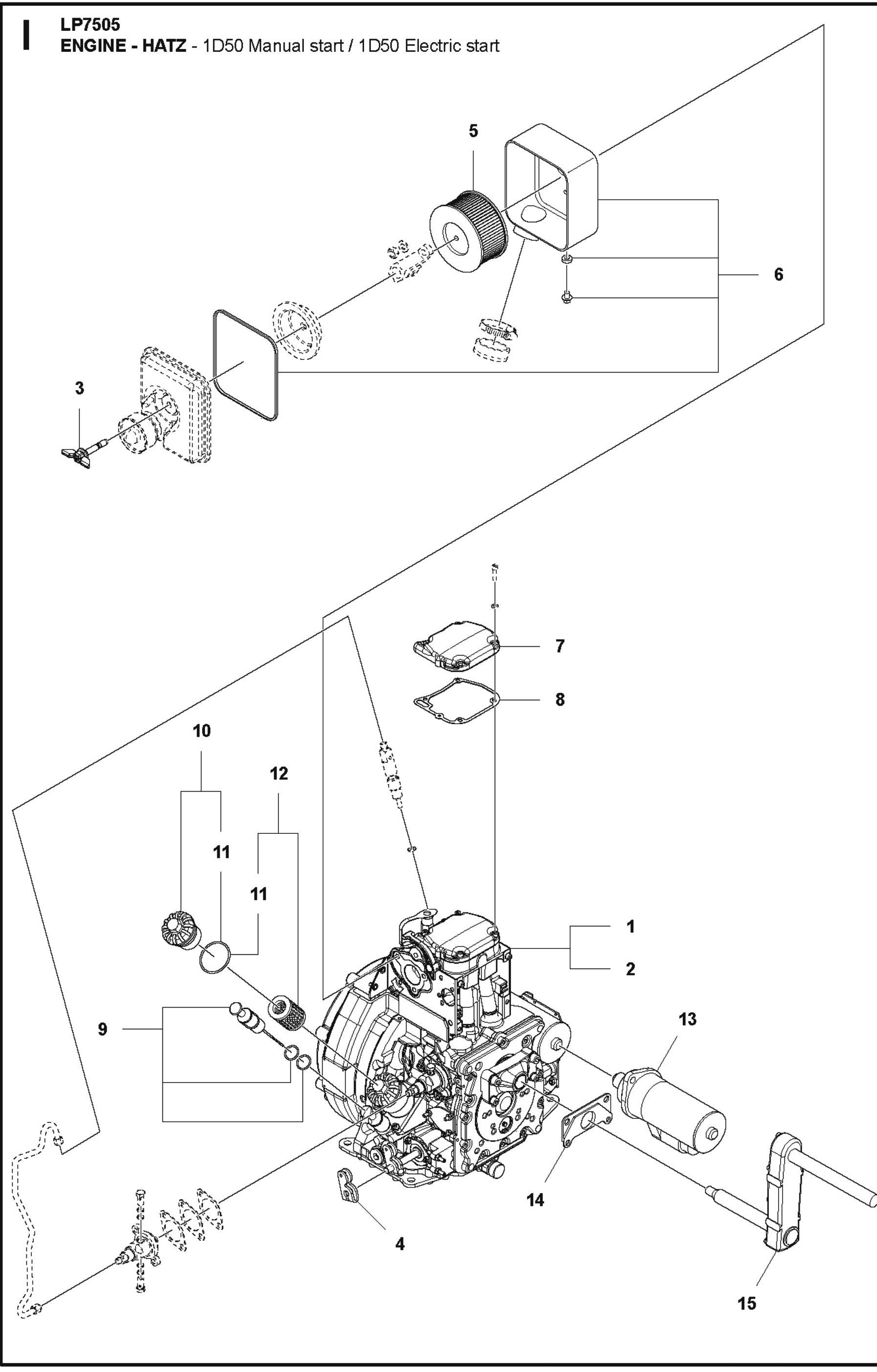 Engine-Hatz-1D50 Manual Start/ 1D50 Electric start Parts For LP7505 Walk Behind Roller By Husqvarna