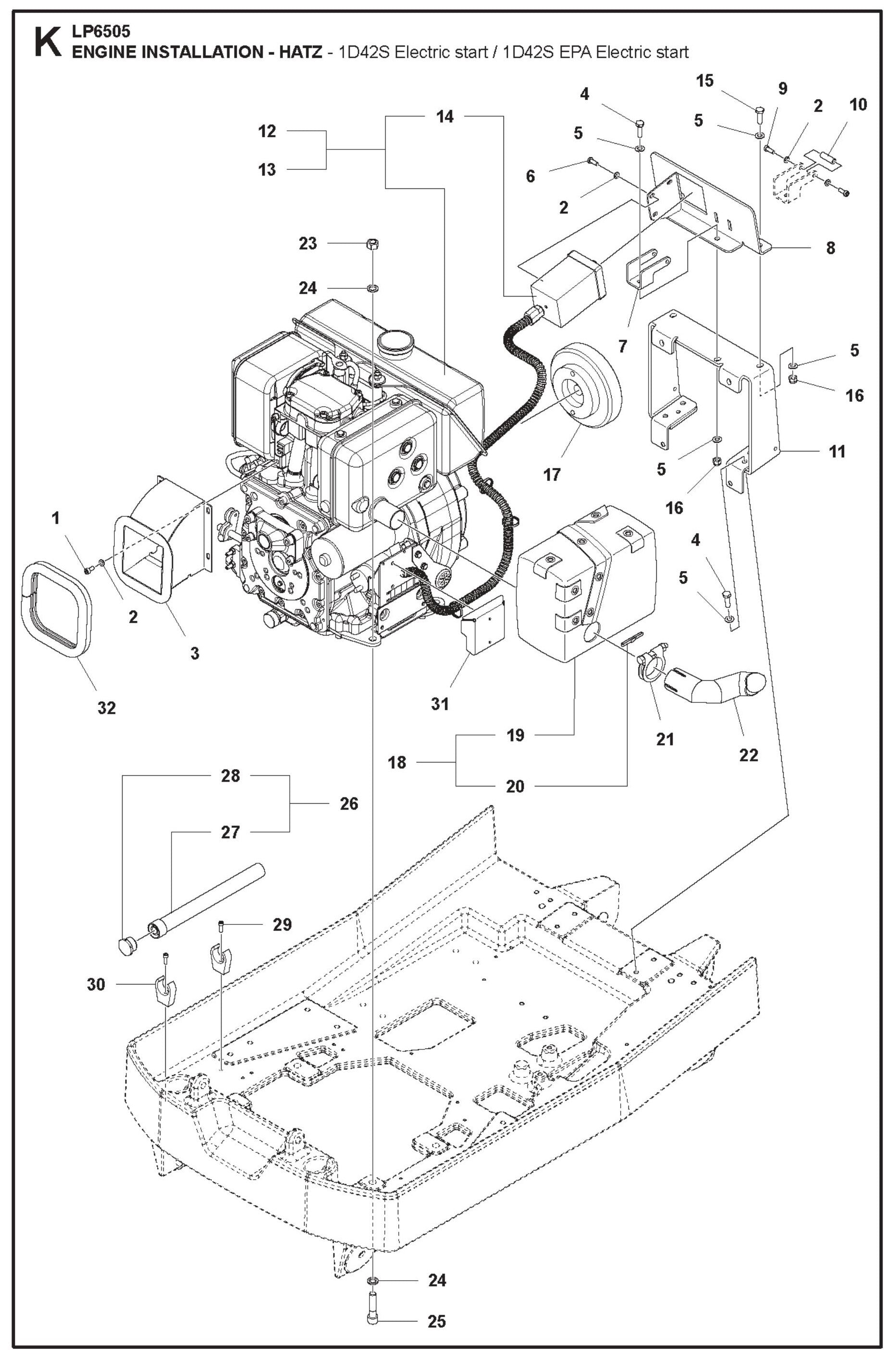 Engine Installation- Hatz  - 1D42S Electric start / 1D42S EPA Electric start Parts For LP 6505 Walk Behind Roller By Husqvarna