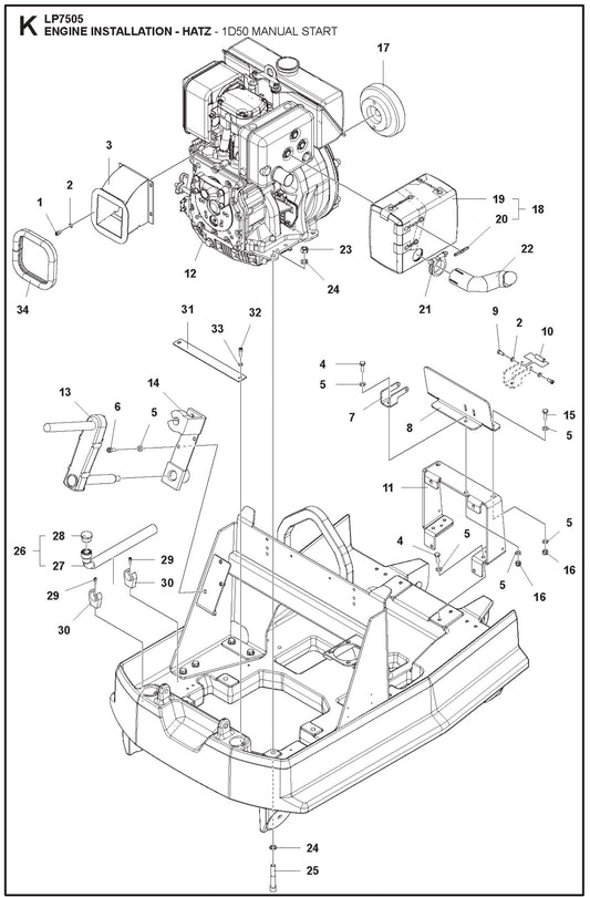 Engine Installation- Hatz- 1D50 Manual Start Parts For LP7505 Walk Behind Roller By Husqvarna